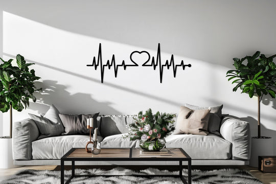 Bright white accentuates the minimalist black decoration wall art depicting a heartbeat and heart line, a striking metal wall art piece.