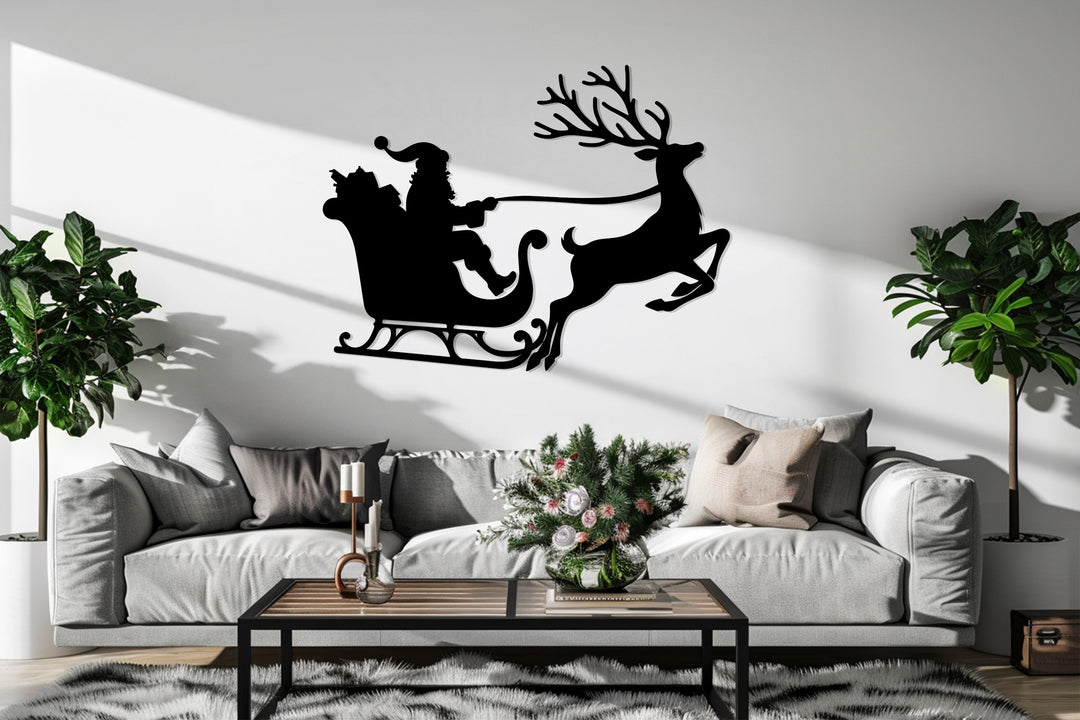 رحلة سانتا على الزلاجة – غزلان عيد الميلاد فن جداري معدني