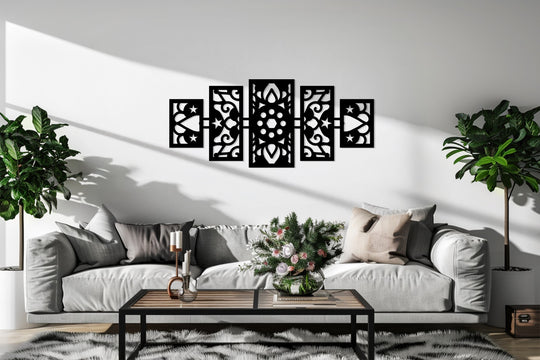 Showing the depth and layers of the celestial geometry five-panel metal wall art, this metal artwork casts shadows and creates a striking focal point.