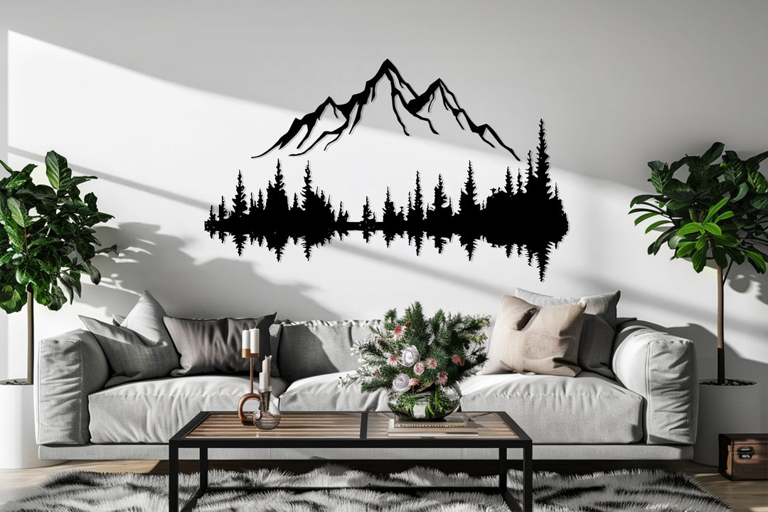 Rustic Mountain Landscape Metal Wall Art – Forest Reflection