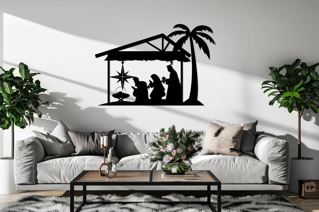 Black metal Nativity Scene artwork for modern faith-inspired interiors