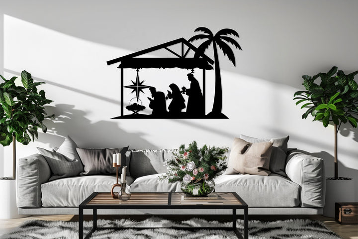 Black metal Nativity Scene artwork for modern faith-inspired interiors