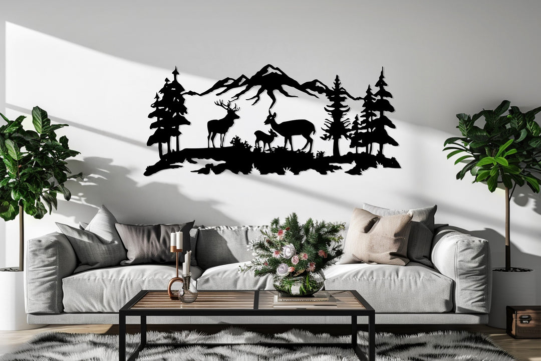 Deer Family Mountain Scene Metal Wall Art – Rustic Nature Decor