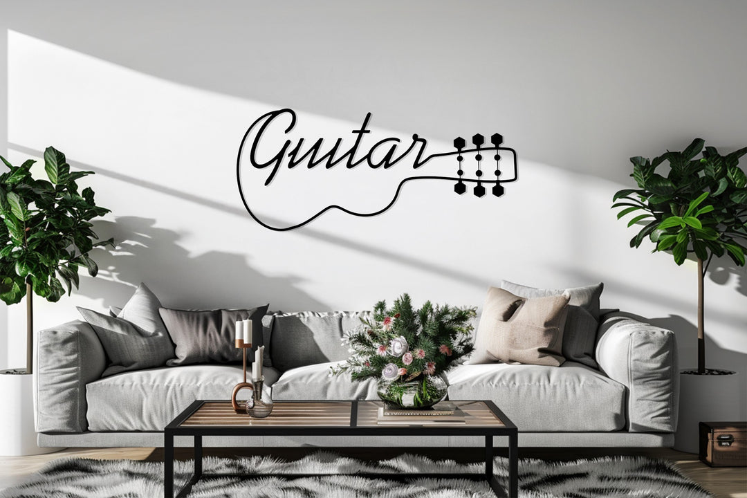 Guitar Word Art Metal Wall Decor – Modern Music-Inspired Design