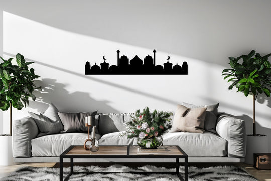 Modern minimalist style evokes a calming mood with the black metal decoration wall art featuring a crescent dome skyline silhouette for understated Islamic decor.
