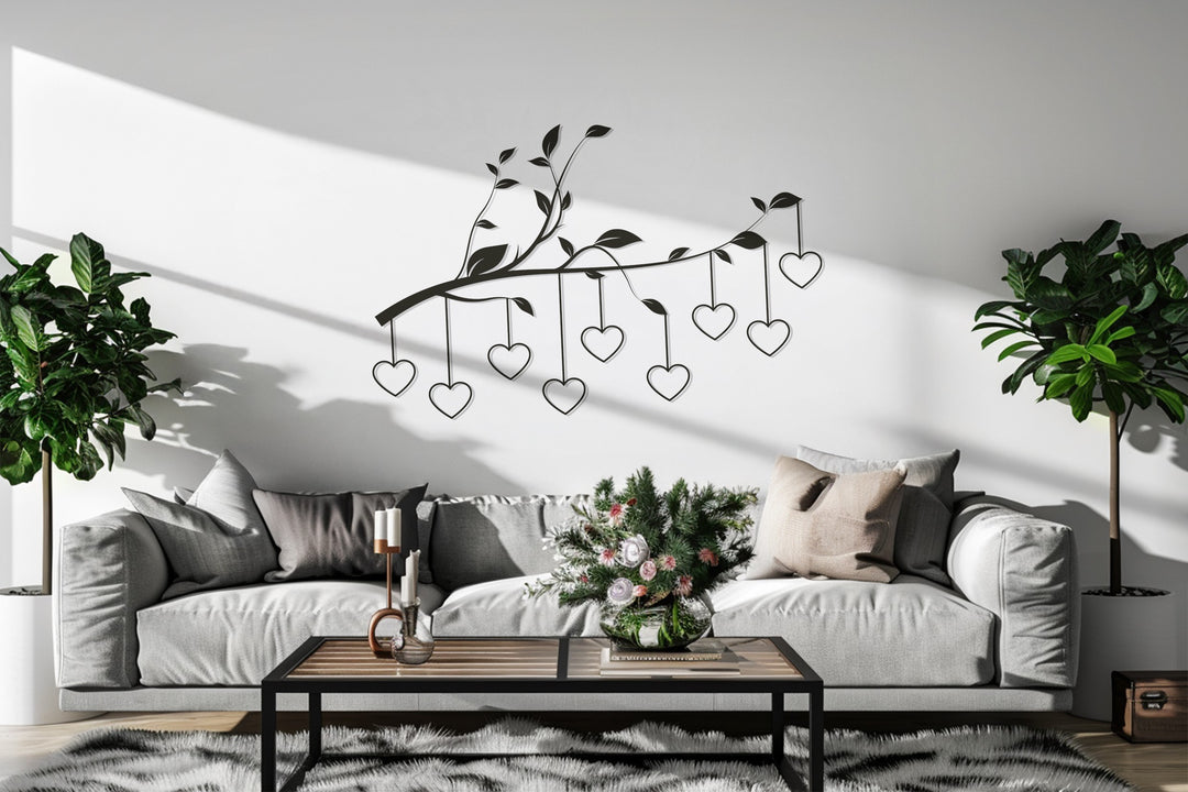 Hanging Hearts on Branch – Romantic Metal Wall Art
