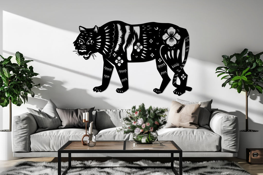 Floral Tiger Metal Wall Art – Animal Silhouette Decor