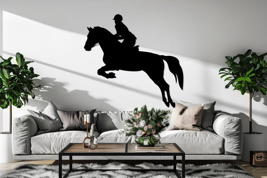 Highlighting the focal point, a striking equestrian jump silhouette showcases unique metal wall art of a horse and rider, perfect for home decoration.