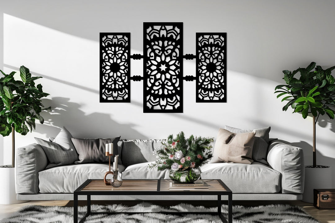 تناغم الأرابيسك – تصميم هندسي ثلاثي الأجزاء فن جداري معدني