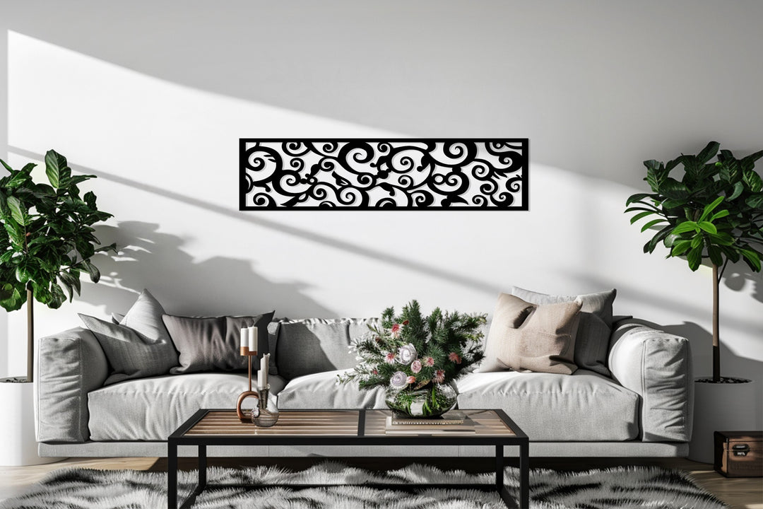 Horizontal ornamental metal wall art with intricate details