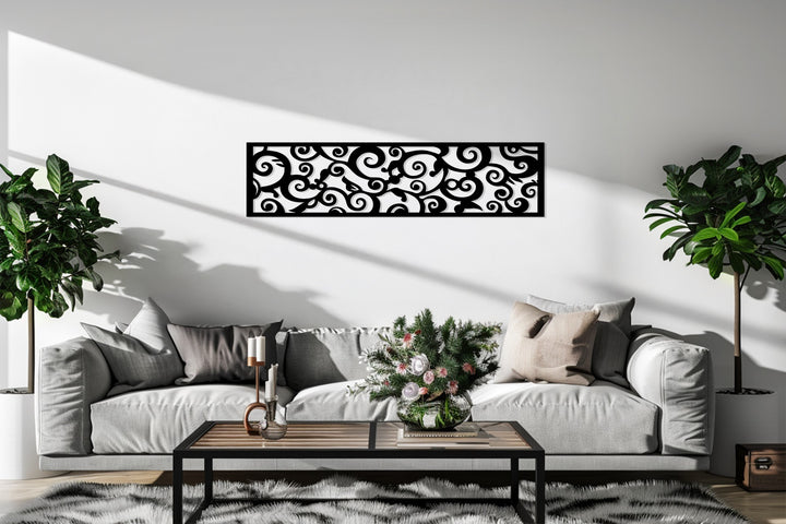 Horizontal ornamental metal wall art with intricate details
