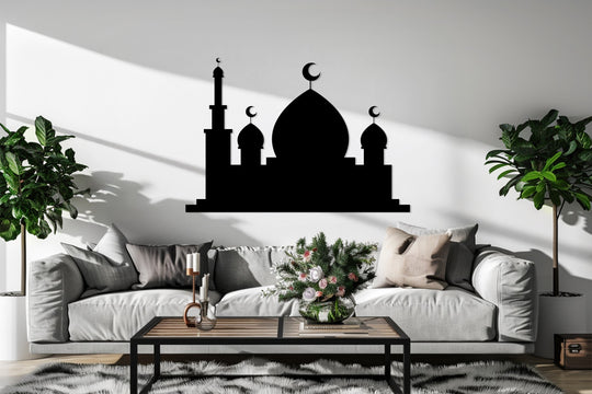 Showing the realistic detail, this metal art for wall features an intricate silhouette of a Sacred Crescent Mosque, bringing an Islamic touch with its refined domes and crescents.