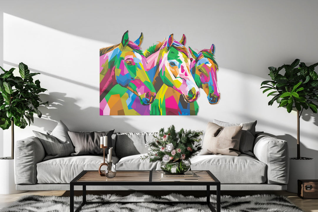 Abstract horse metal wall art with vivid rainbow color palette