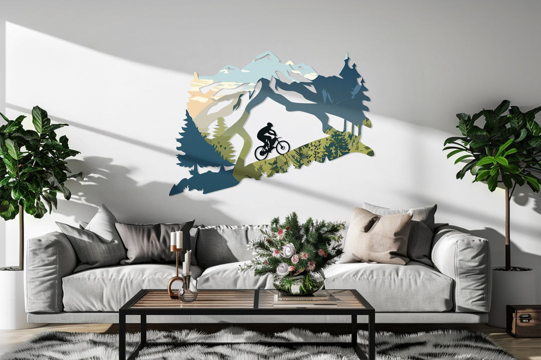 Cyclist riding mountain trail metal decor