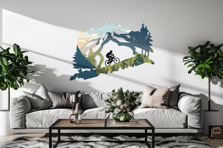 Cyclist riding mountain trail metal decor