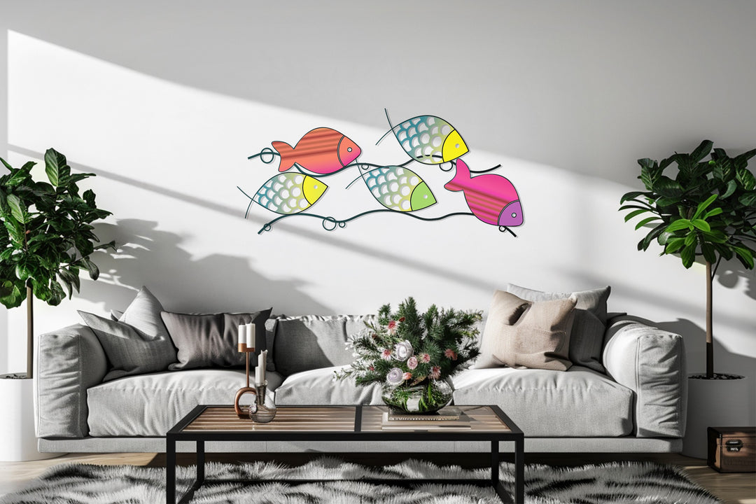 Vibrant metal wall art with tropical fish