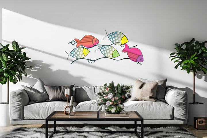 Vibrant metal wall art with tropical fish