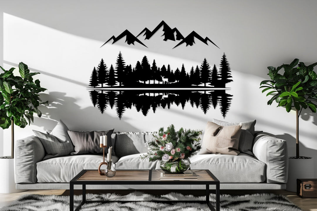 Rustic Mountain Forest Metal Wall Art – Nature Reflection Decor