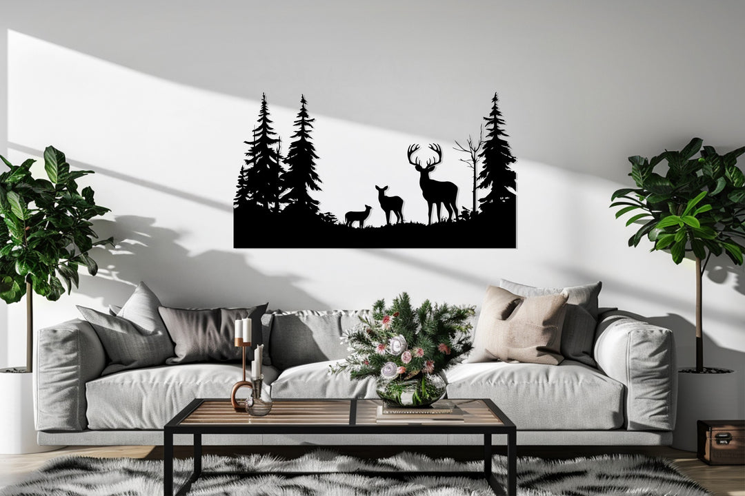 Family of Deer in Forest Metal Wall Art – Rustic Wildlife Decor