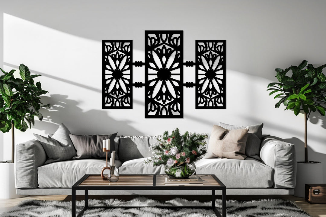 تصميم هندسي زهري - تصميم عصري بثلاثة ألواح فن جداري معدني