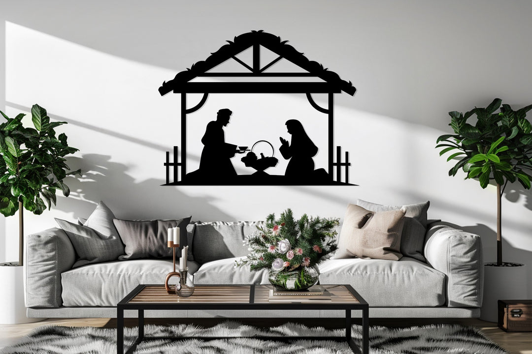 العائلة المقدسة في الإسطبل – مشهد ميلاد المسيح فن جداري معدني