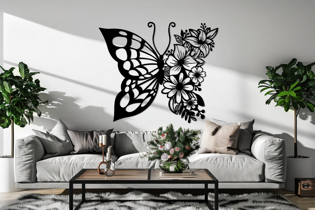 Floral Butterfly Metal Wall Art – Red Nature-Inspired Elegance