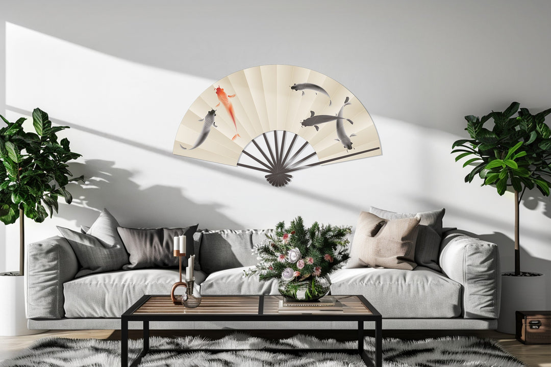Displayed is unique metal wall art featuring an elegant koi fish fan in a Japanese-inspired design, adding a touch of cultural charm to your wall decor.