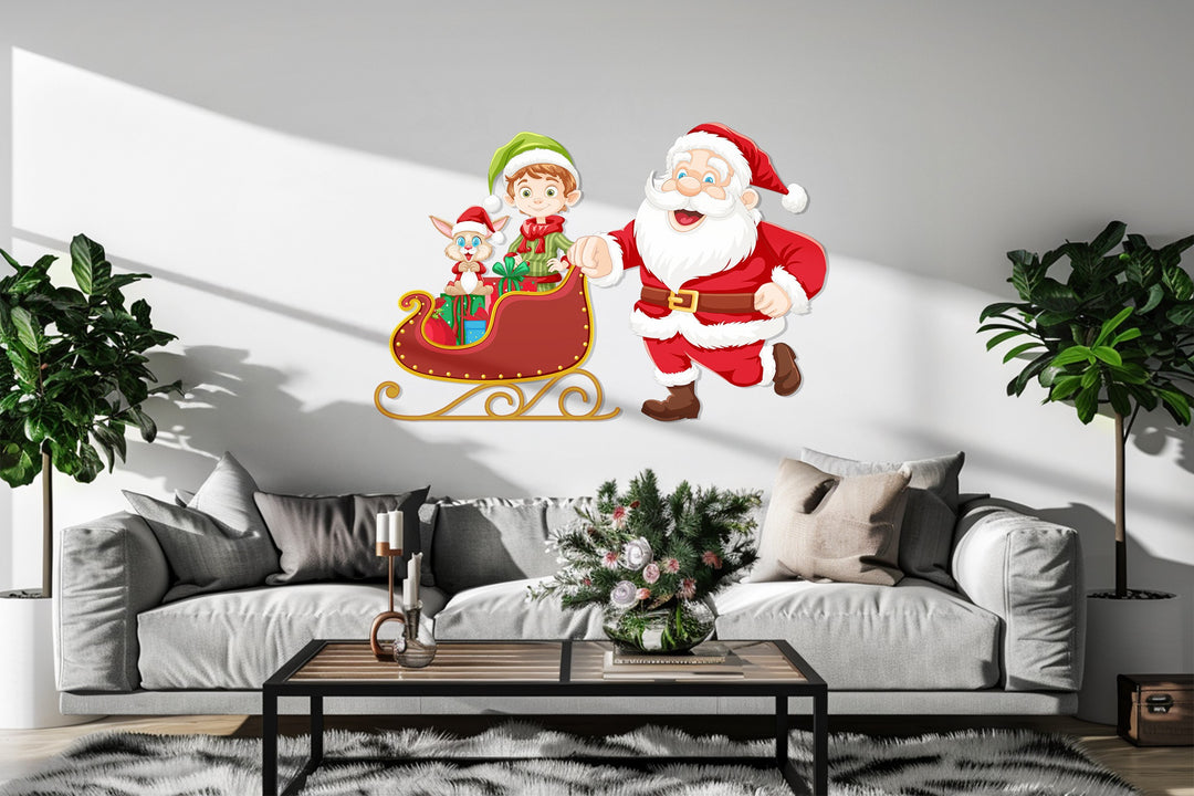 سانتا وجولة الزلاجة مع الجان - لوحة جدارية لعيد الميلاد