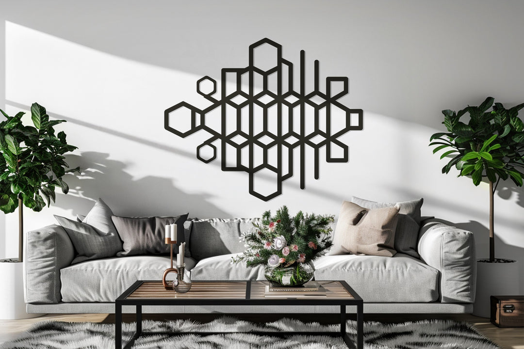 Geometric Hexagon Metal Wall Art – Modern Black Abstract Sculpture