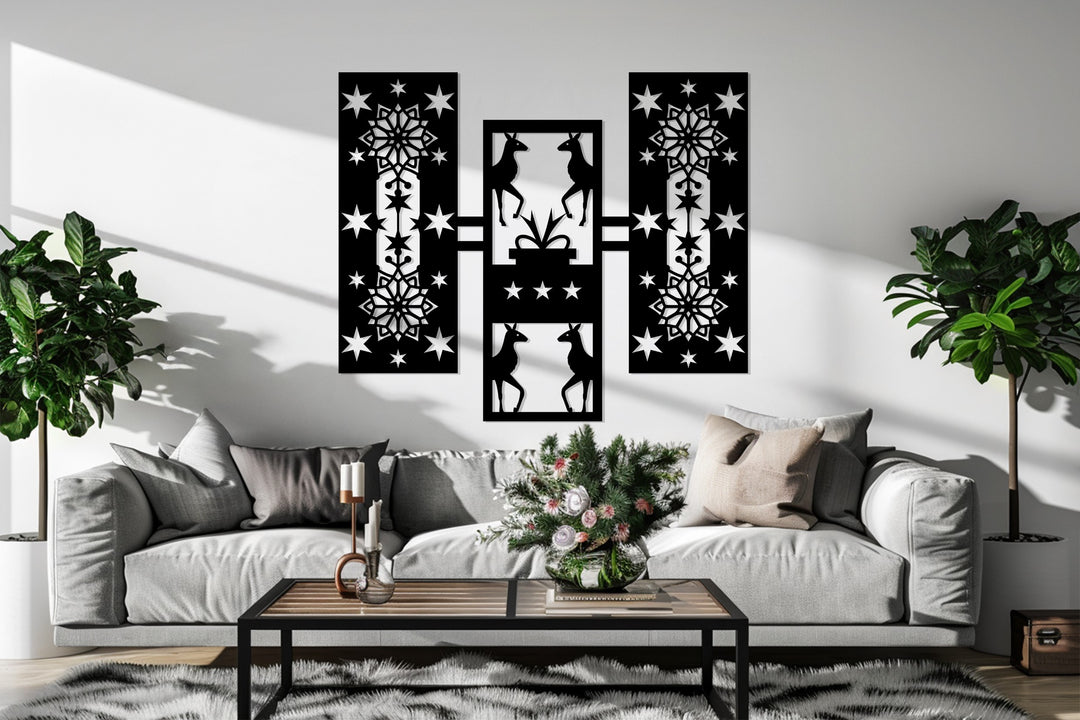 تناغم غزلان الشتاء – أشكال هندسية لعيد الميلاد فن جداري معدني