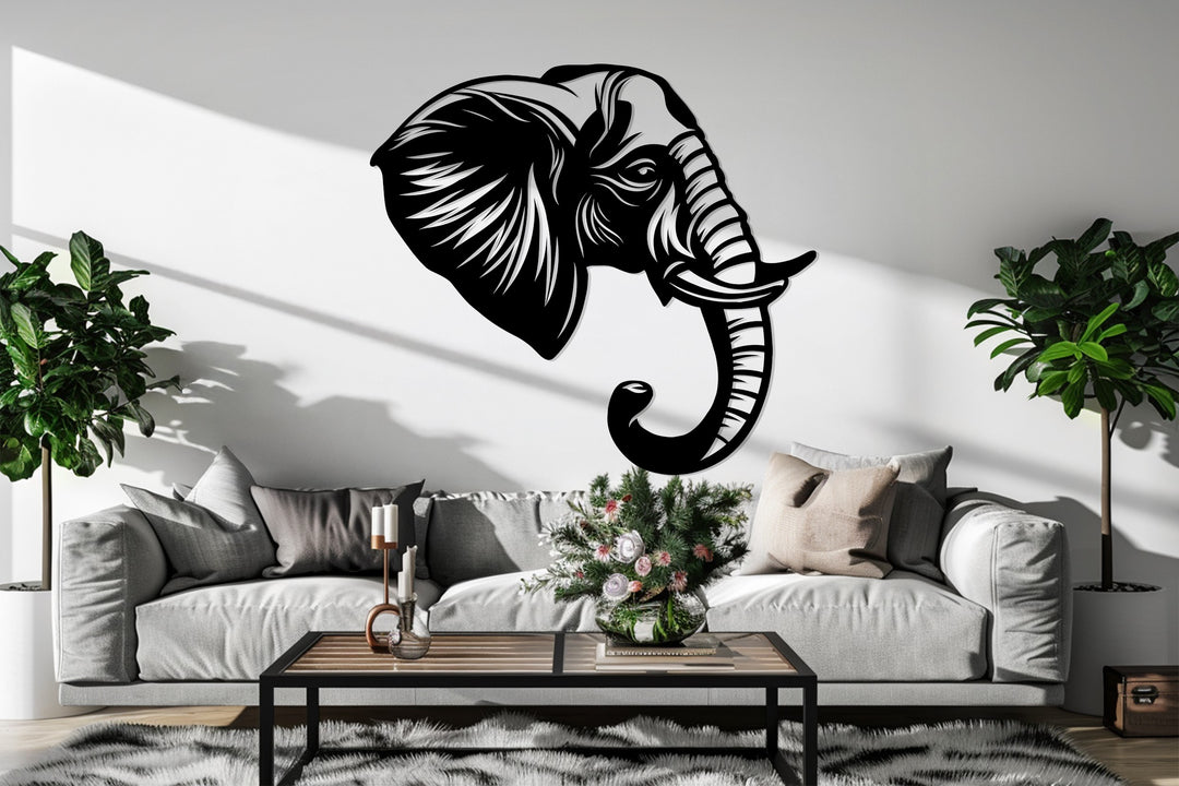 Black metal elephant head wall art – safari-inspired decoration