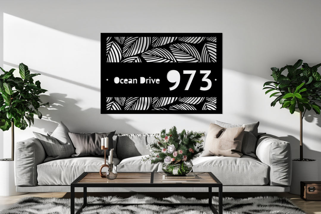 Custom Metal Address Plaque – Tropical Leaf Design House Number Sign