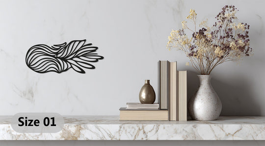 Black flowing wave metal wall decor contrasts against the pristine wall, showcasing a subtle transition between colors.