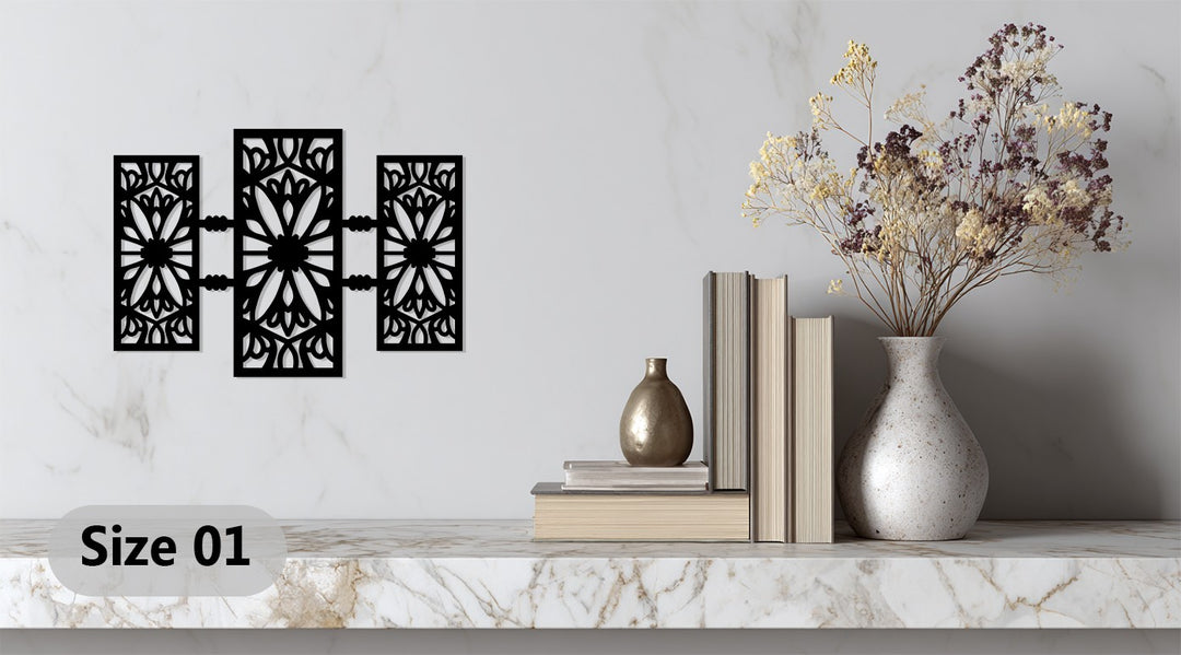 تصميم هندسي زهري - تصميم عصري بثلاثة ألواح فن جداري معدني