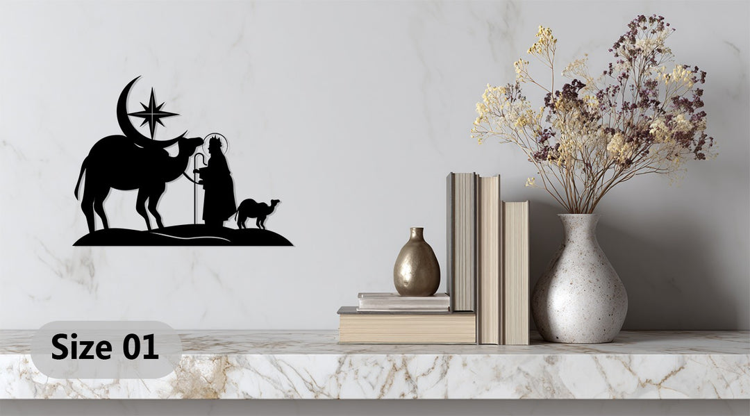 Faith-inspired Nativity silhouette metal artwork for festive interiors
