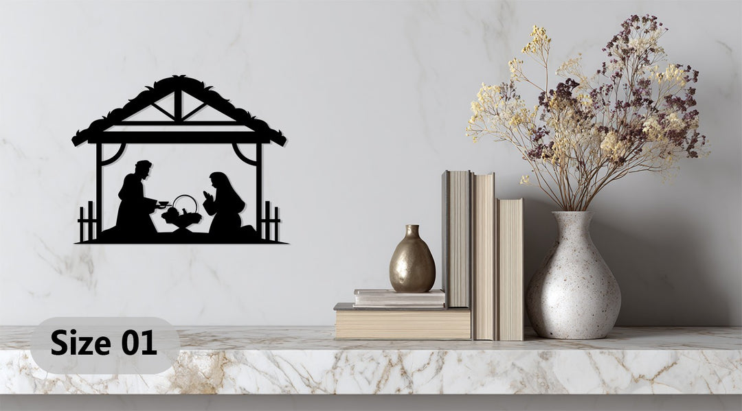 العائلة المقدسة في الإسطبل – مشهد ميلاد المسيح فن جداري معدني