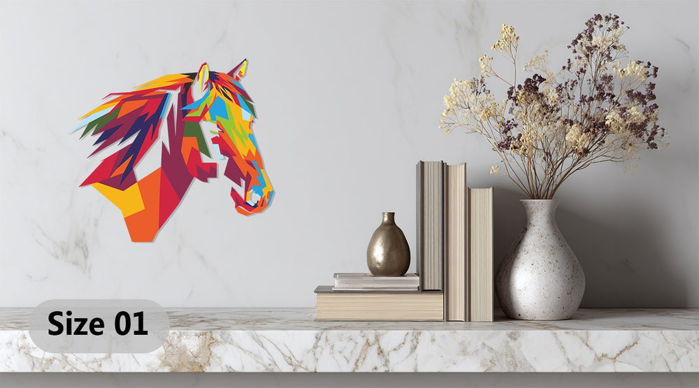 Modern geometric animal metal wall decor featuring vibrant horse artwork