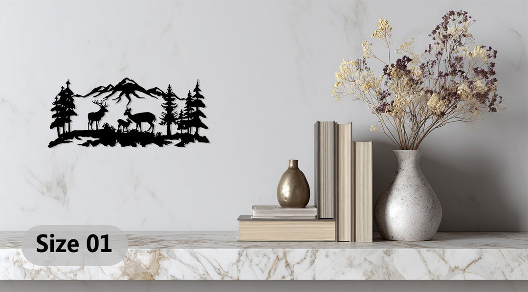 Deer Family Mountain Scene Metal Wall Art – Rustic Nature Decor