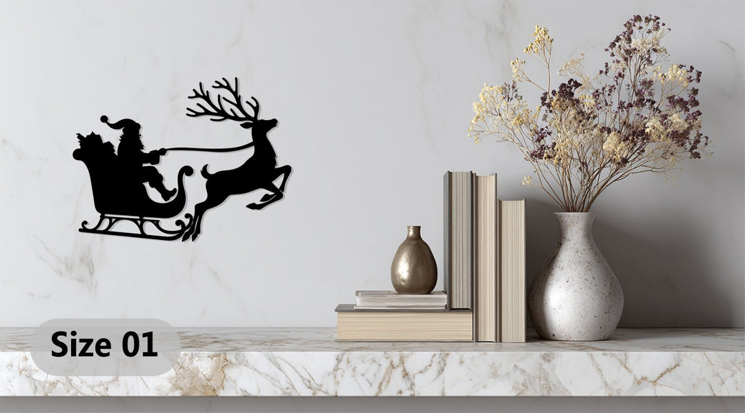 رحلة سانتا على الزلاجة – غزلان عيد الميلاد فن جداري معدني