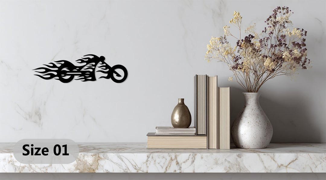 Blooming sprigs soften the harsh lines of a motorcycle depicted in striking metal art for wall decor, adding a touch of warmth to this modern piece.