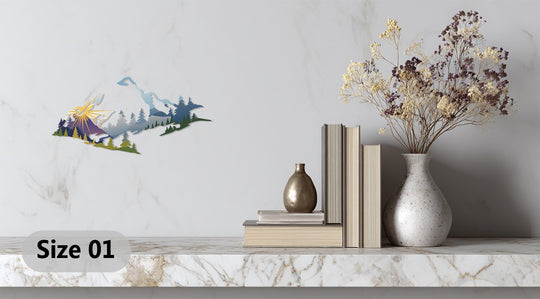 Showcasing its abstract quality, the majestic sunrise over mountains unique metal wall art depicts a layered natural landscape design with both angular and flowing lines.