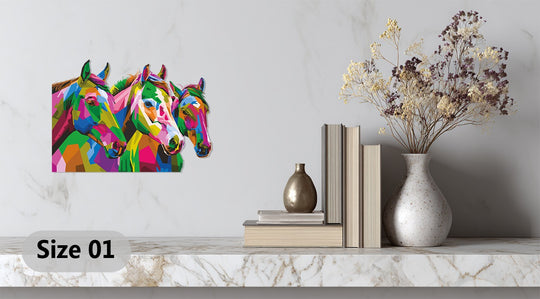 Horizontally-oriented rectangular decorative metal art featuring a trio of vibrant abstract horse heads creates a captivating animal wall decor statement.