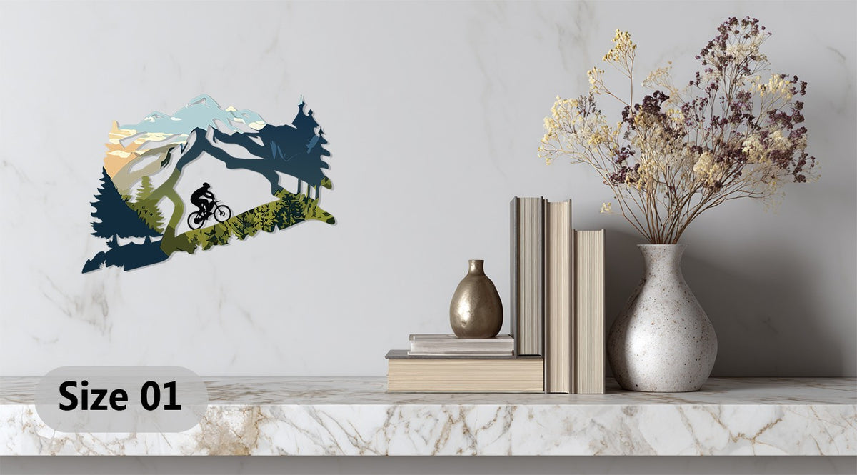 Reflecting light, the smooth finish of this decoration wall art highlights the dynamic mountain biker landscape design, adding depth and texture to the wall.