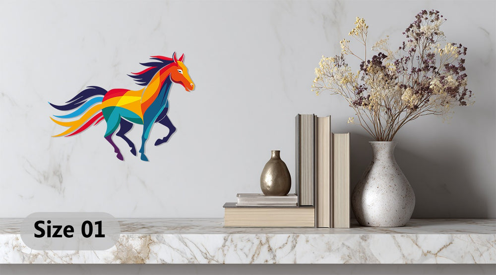 Modern stallion wall decor in vibrant geometric metal artwork
