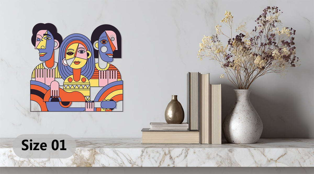 Vibrant colors and geometric figures make this cubist metal artwork, Melodic Harmony, a focal point, defining the loudest element in this abstract musician trio.