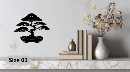 The focal point showcases an intricately cut black Serene Bonsai Essence, a Japanese-inspired metal artwork that adds a Zen touch to any room.