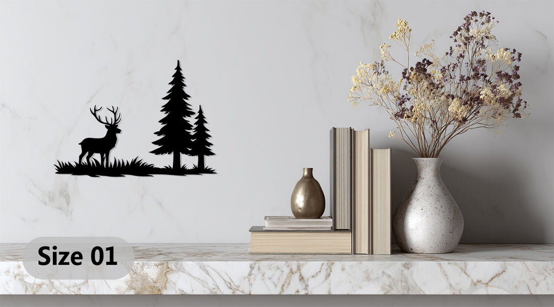 Lone Stag in Forest Metal Wall Art – Rustic Nature Design