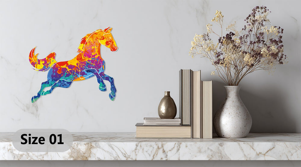 Modern metal wall decor featuring vibrant galloping horse artwork