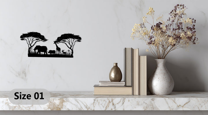 Wildlife metal wall décor featuring rhino, antelope, and acacia trees
