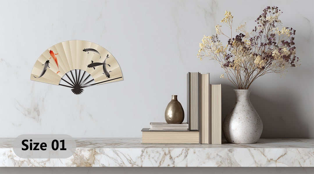 Showcasing the edge and borders of decorative metal art, the koi fish fan's metal frame elegantly defines this Japanese-inspired wall decor.